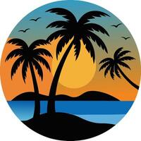 Silhouette of Three Palm Trees Tropical Island in Circle Design for Relaxing Ocean and Nature Art vector