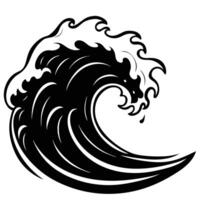 Stylized Curling Wave in Black and White with Swirling Foam and Bold Ink Lines in Minimalist Ocean Symbol Design vector