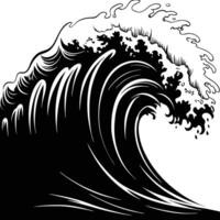 Black and White Stylized Ocean Wave with Curling Crest and Swirling Foam in Dynamic Japanese Inspired Tattoo Art Style vector