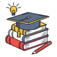 Graduation Cap on Stack of Books with Pencil and Idea Bulb vector