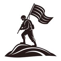 Silhouette of a Soldier Carrying a Flag on a Hilltop vector