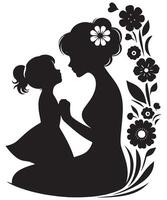 Silhouette art of mother and daughter with floral design for mothers day greeting card template vector