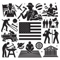 Labor day silhouette collection with american flag and workers for graphic design projects, labor day vector