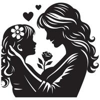 Mother and daughter silhouette illustration with hearts and rose for mothers day design idea vector