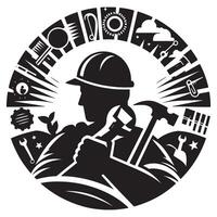 Construction worker handyman tools silhouette graphic for professional services design use, labor day vector