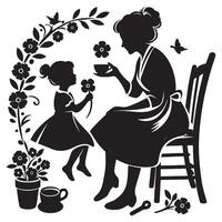 Silhouette of mother and daughter enjoying tea time with flowers and butterfly art illustration, mothers day vector