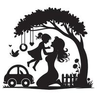 Silhouette illustration of mother and daughter playing under a tree with car and bird art, mothers day vector