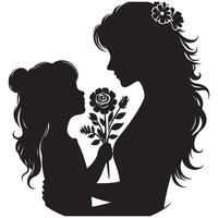 Silhouette of mother and daughter with flowers for greeting card or mothers day graphic design art vector