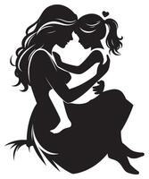 Mother and child illustration silhouette art print for family love and care graphic design element, mothers day vector