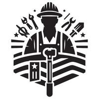 Labor day illustration of construction worker with tools and flag design, labor day vector