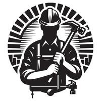 Construction worker with hammer and vise in black and white illustration for design projects, labor day vector