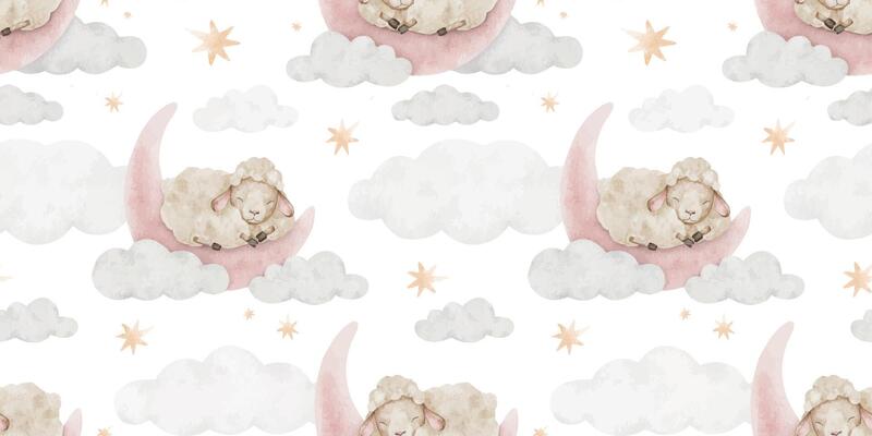 Sheep sleeping on pink crescent moon, clouds and stars. Watercolor nursery seamless surface pattern design of dreamy lamb animal. Kids print for textile, linen, wallpaper, pajamas and children's room