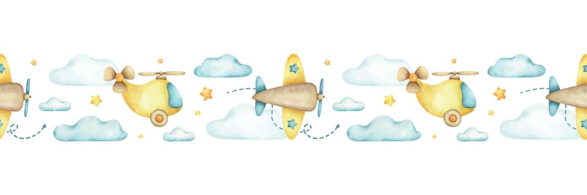 Seamless border of Colorful baby airplanes, helicopter, arrows, clouds and stars. Isolated watercolor background of kids aircrafts. Print for children goods design, textile, bed linen, wallpaper