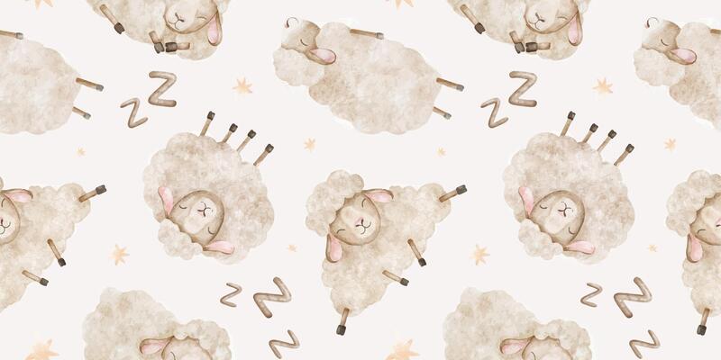 Sheep sleeping with stars background. Watercolor nursery seamless surface pattern design of dreamy beige lamb animal. Kids print for wrapping paper, textile, linen, baby shower, wallpaper, pajamas