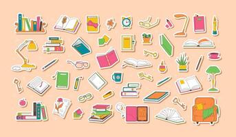 Books and reading related colorful stickers vector