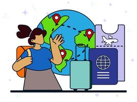 Child travel concept. Daughter travelling on vacation with suitcase, ticket, passport and many location on background of globe. vector