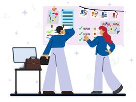 Project task list concept. A man and woman meet to discuss project agenda listed on wall board. assign staff to finish work on schedule, project plan, efficiency work, business people team. vector