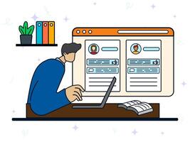 Administrator social media concept. Man using laptop to uploading social media content for her customers. Viral, promotion, feedback, like, comment, account, project status. vector