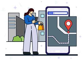 Device tracking app concept. A woman uses a smartphone to identify routes in the city center after shopping. GPS, maps, geolocation, navigation, urban street. vector