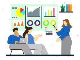 Data analyzing presentation concept. People of group business meeting to discussion about business growth with chart and diagram on big screen. vector