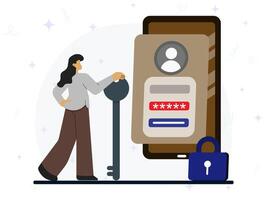 Personal data protection concept. A woman holding key to standing on front of account login on big smartphone screen. Protection, personal privacy data, hacking and stealing. vector