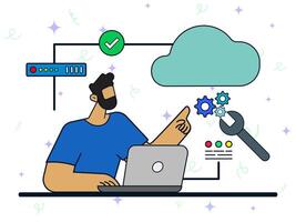Cloud engine development concept. Man using laptop to repair database server. Backup server, cloud security, data safety, virtual application, storage access. vector