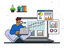 Collecting business data concept. A man using laptop to monitoring database chart graphs. Control data, analysis, manage, development, improvement. vector