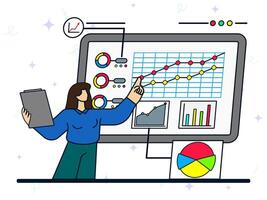 Increase business data developing concept. Woman analyzing of business growth with graphs and diagram on big screen. Analysis report, chart diagram dashboard, financial statistics, SEO optimization. vector