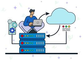 Cloud server data backup. Man using laptop to synchronize database server. Optimization, online data access, management risk, cyber security. vector