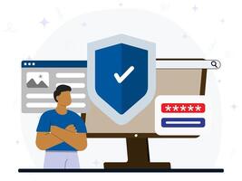 Safety and security of personal information. Small people stand near big shield, screen, website, smartphone. Poster for social media, web page, banner, presentation. vector