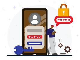 Personal data secured concept. A man standing on big smartphone to entering password for login to his account. Cyber security, personal data lock, password protection, internet security. vector