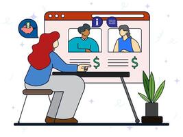 Online business meeting concept. Colleagues discussing work tasks in group chat, coworkers communicating at teleconference. Brainstorming, teamwork, webinar. vector