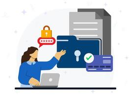 Digital data protection concept. A woman using laptop to explaining secured password to digital access data. Secure database. vector