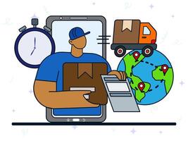 Instant delivery express concept. Courier holding box and receipt on screen smartphone to delivering package for customer. 24 hour delivery, worldwide shipping, cargo logistic. vector