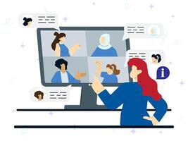 Online conference or meeting concept. Woman in front of computer calling online to talking with other teamwork. Employees of company at remote work discuss details of project. vector