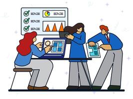 Business briefing concept. Group of peoples discuss about business growth. planning project life cycle, task assignment, business case, financial data report, risk management, project management. vector