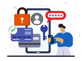 Online payment security concept. A man using smartphone to making strong password on his mobile banking account. Digital access, secure account, cyber security, information privacy. vector