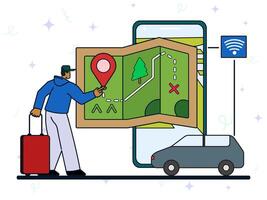 Online ordering car, rent and sharing using service mobile application. A man pointing a location on big maps with screen of smartphone. Route and points location on a city map on the car and urban vector