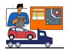 Ride sharing shipping apps concept. Smartphone with ride-sharing app, tracking location, cargo transportation, IT technology, delivery process. vector