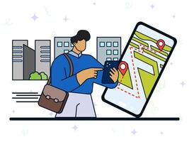 Navigation route apps concept. A man using smartphone to looking route on cityscape. Notification about traffic on the screen, route optimization, GPS maps, urban lifestyle. vector