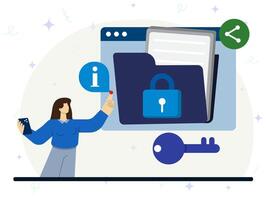 Digital data protection concept. A woman using laptop to explaining secured password to digital access data. Secure database, payment protection, cyber security. vector