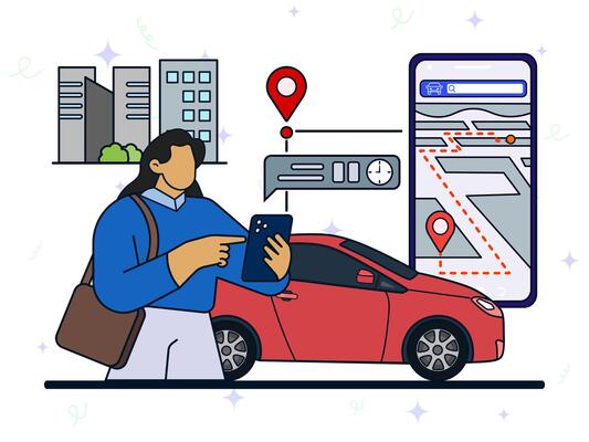 Booking a car to go home concept. Woman carsharing car with mobile app, pop up estimating arrived, holding smartphone in hands, urban lifestyle, city transportation, vehicle rental,