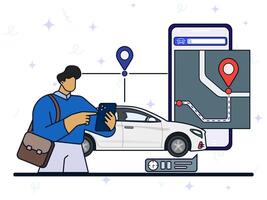 Booking a car on apps concept. A man carsharing of car on GPS maps with mobile app, holding smartphone in hands, pop up estimating time arrived, city transportation, vehicle rental, ride to home vector