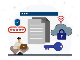 Cloud sharing protection concept. A man using laptop to give password on his documents on big screen. Cyber security, personal data lock, password protection, internet security. vector