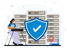 Data center secure concept. A woman using laptop with big database server on protection in her background. Shield, protect, safety, guard, password and cyber security vector