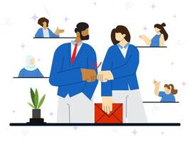 Business partner concept. A man and woman bump fists to show mutual cooperation with other team members behind them to provide support. Teamwork, synergy, development, challenge. vector