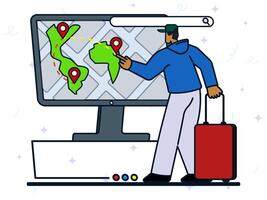 Travelling destination concept. A man holding luggage to pointing location on big screen of maps. Navigation apps, GPS maps, vacation on holiday, tourist, smart trip navigation online, traveler review vector