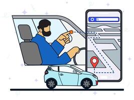 Navigation route apps concept. A man riding a car and using smartphone with navigation app, notification about traffic on the screen, route optimization, GPS maps. vector