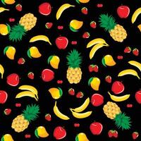 Mango pineapple apple strawberry banana cherry mix fruits abstract seamless pattern on black background vector