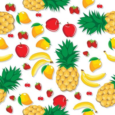 Mango pineapple apple strawberry banana cherry mix fruits seamless pattern on white abstract background